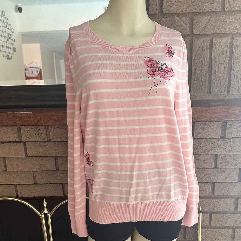 Talbots Pink and White Striped Butterfly Sweatshirt